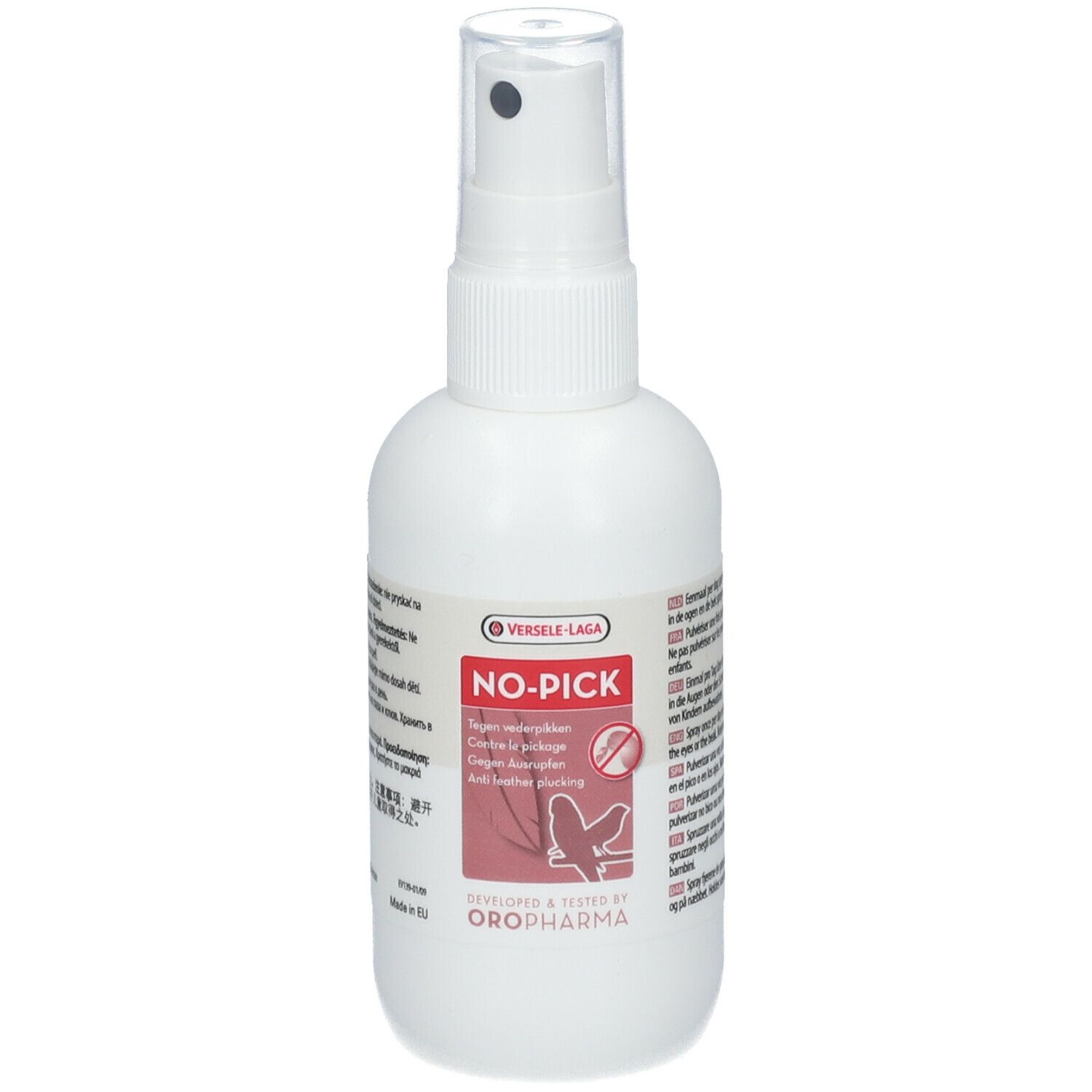Weiße Sprühflasche mit schwarzem Sprühkopf. Etikett mit Produktnamen und Logo. Oropharma-Logo.