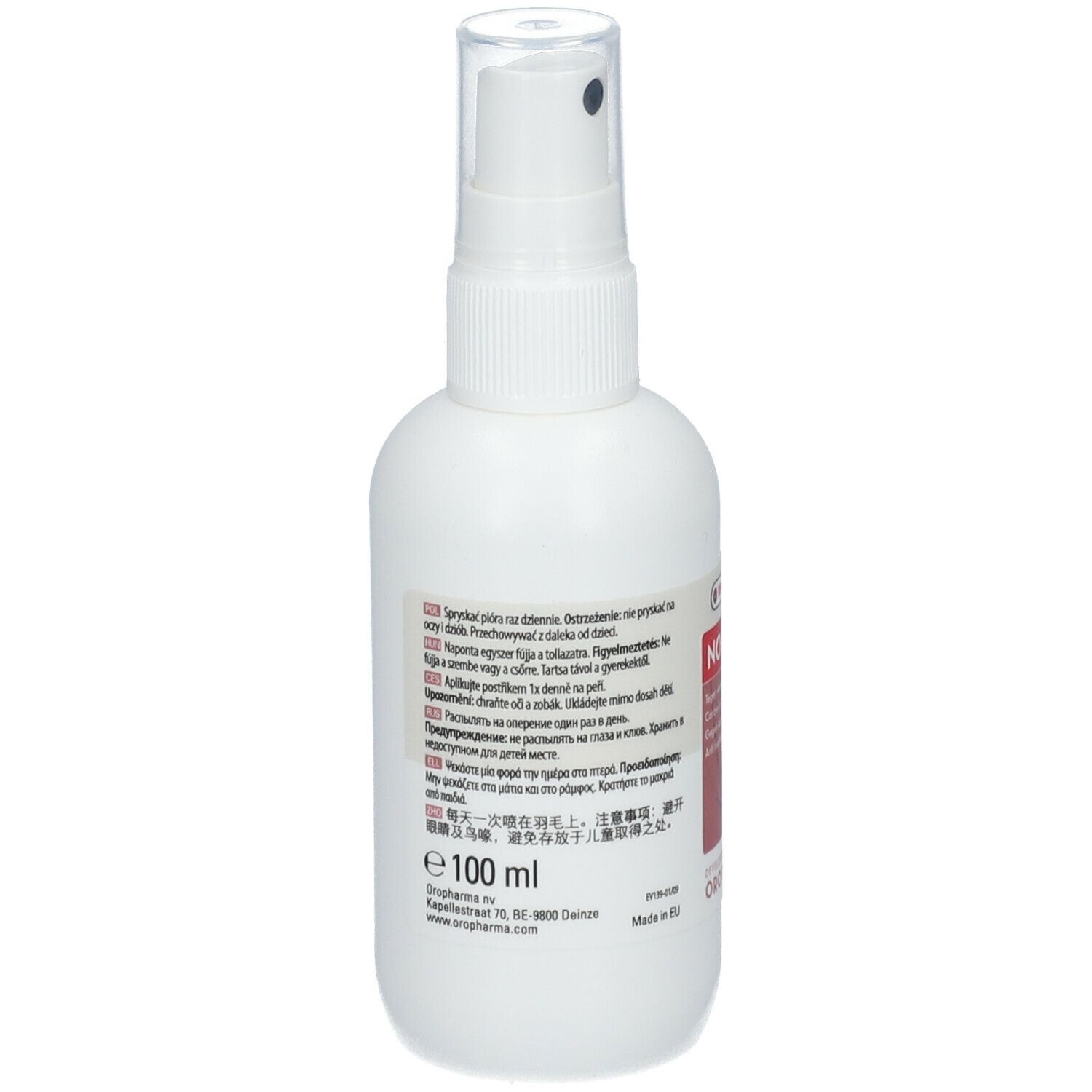 Weiße Sprühflasche mit schwarzem Sprühkopf. Etikett mit Produktinformationen und Text. 100 ml.