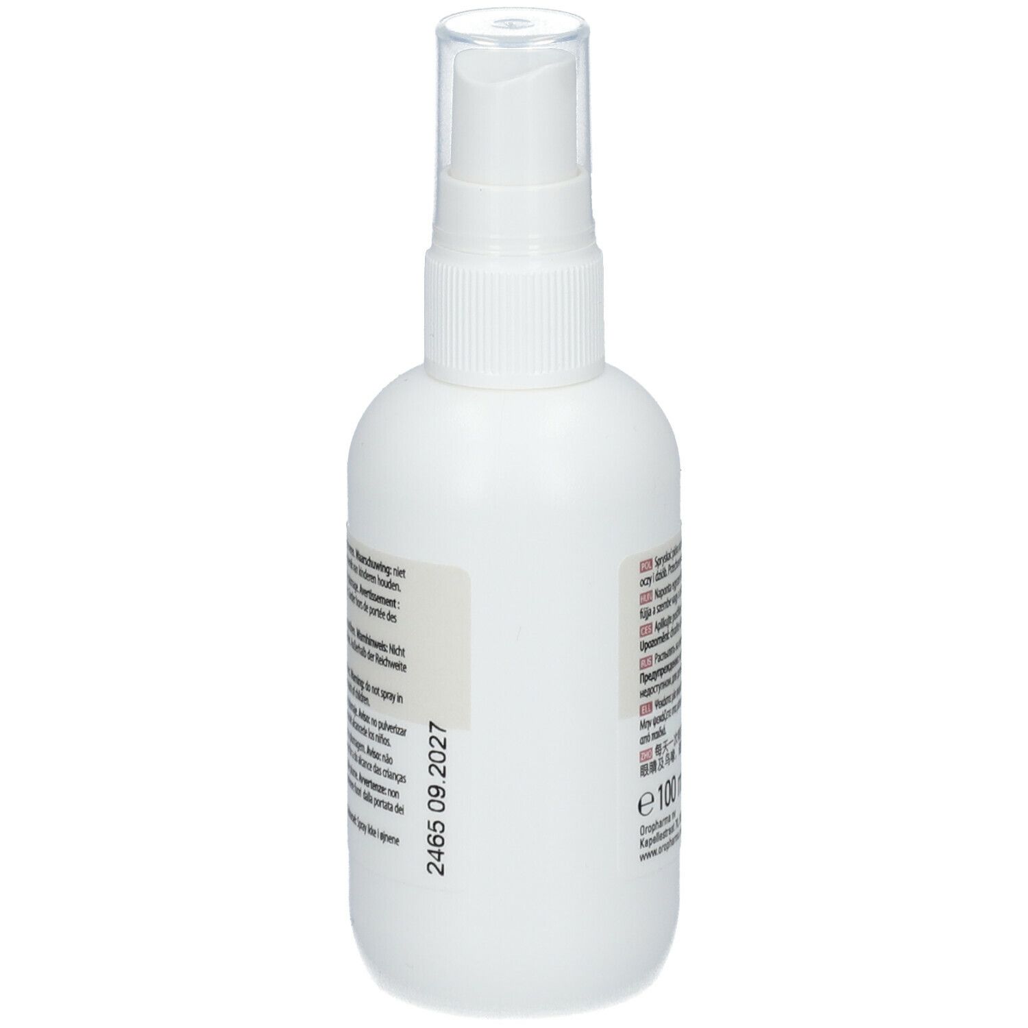 Weiße Sprühflasche mit schwarzem Sprühkopf. Etikett mit Produktinformationen und Text. Haltbarkeit.