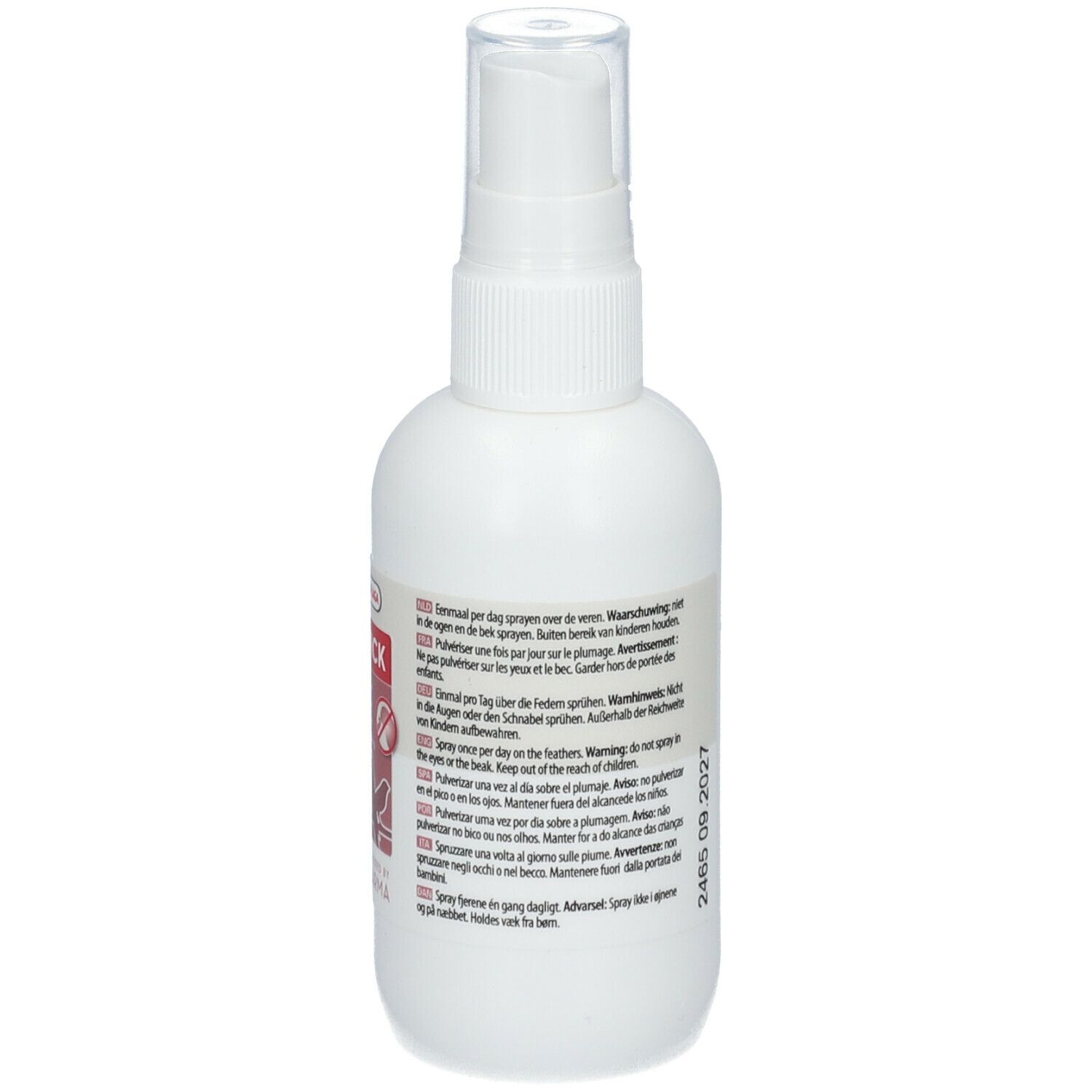 Weiße Sprühflasche mit schwarzem Sprühkopf. Etikett mit Produktinformationen und Text. Gebrauchsanweisung.
