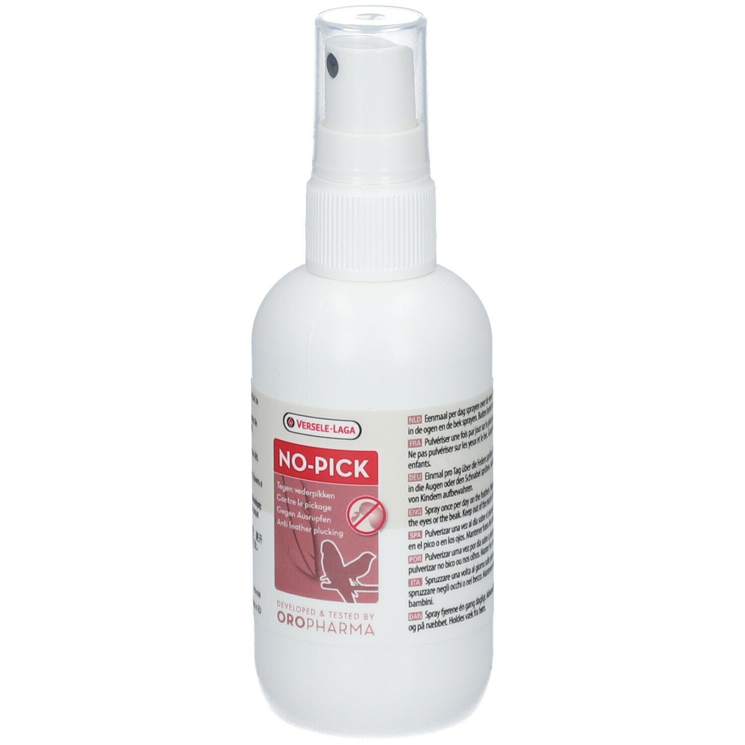Weiße Sprühflasche mit schwarzem Sprühkopf. Etikett mit Produktnamen und Logo. Oropharma-Logo.