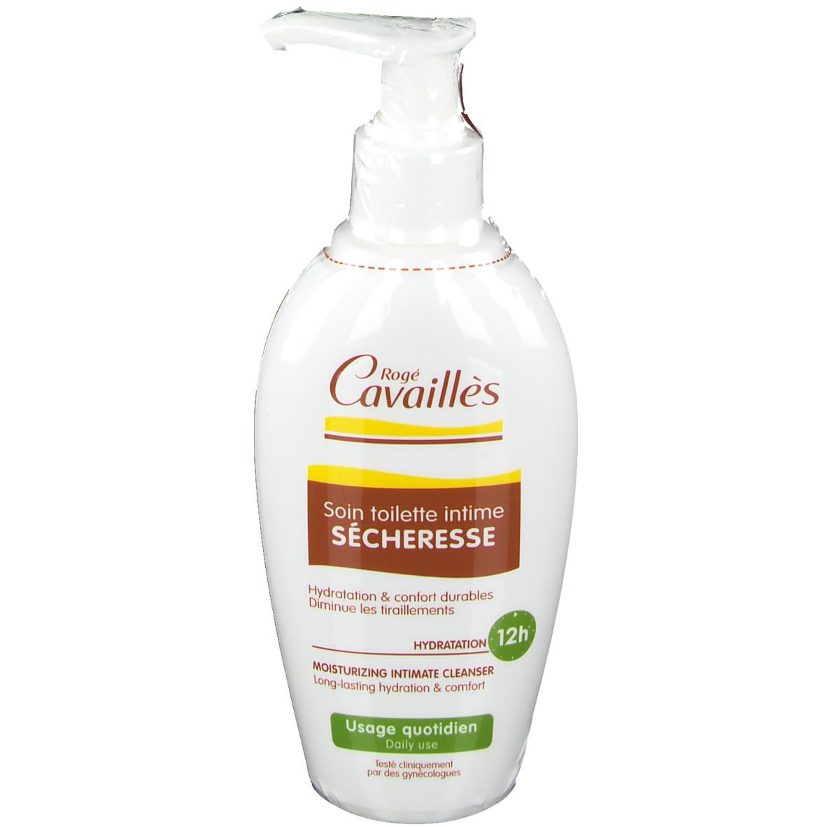 Weißer Spender mit Pumpe. Aufschrift: Rogé Cavaillès, Intim-Pflege gegen Trockenheit. Grüne Aufschrift: Usage quotidien.
