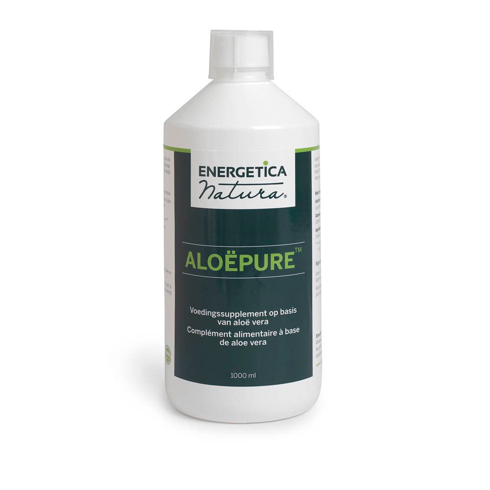 Bouteille blanche avec étiquette ALOËPURE™. Complément alimentaire à base d'aloe vera. 1000 ml.