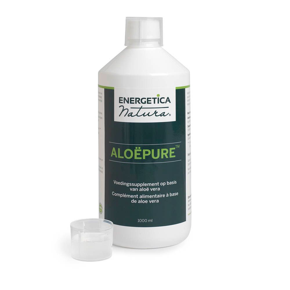 Weiße Flasche mit ALOËPURE™-Etikett. Enthält Nahrungsergänzungsmittel auf Aloe Vera-Basis. 1000 ml. Mit Messbecher.