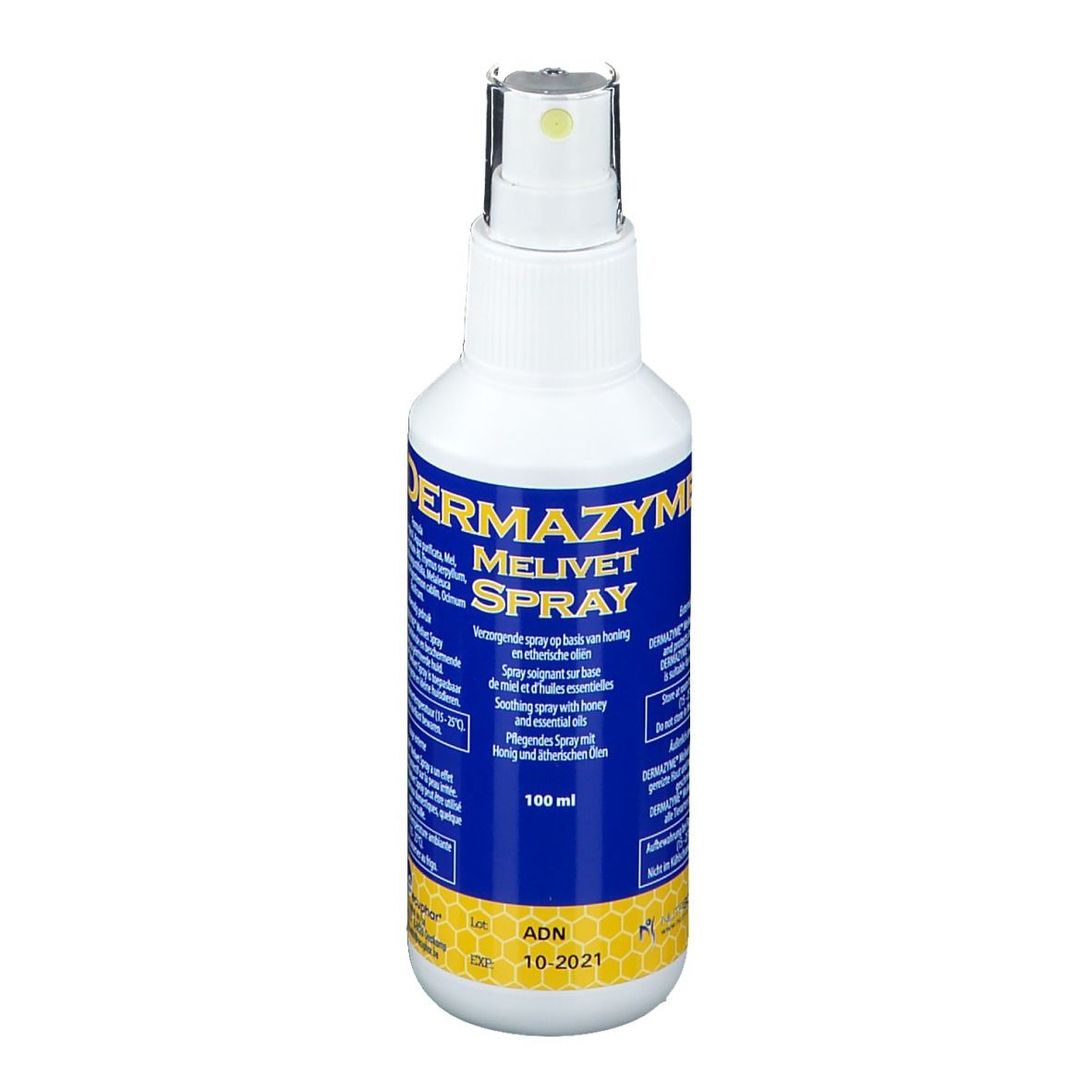 Weiße Sprühflasche mit blauem Etikett. Aufschrift: DERMAZYME MELIVET SPRAY. Mit Sprühkopf. 100 ml.