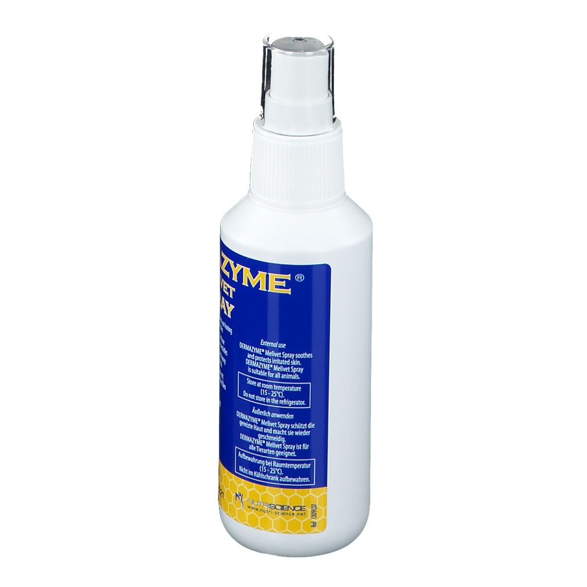 Weiße Sprühflasche mit blauem Etikett. Aufschrift: DERMAZYME MELIVET SPRAY. Rückseite mit Text. Sprühkopf.