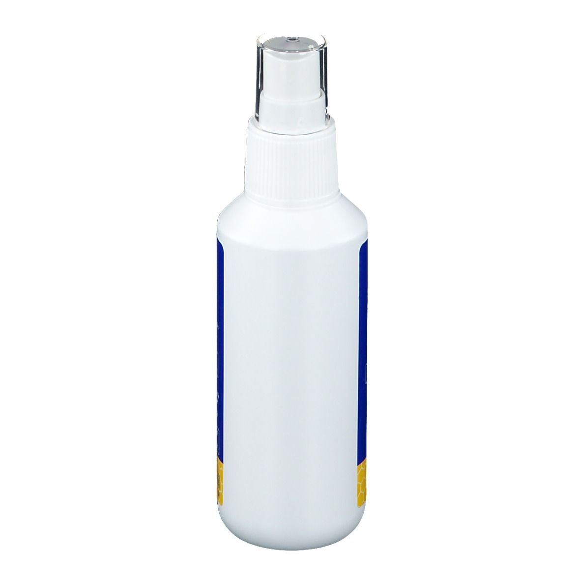 Weiße Sprühflasche. Keine Beschriftung sichtbar. Mit Sprühkopf. Aufrecht stehend.
