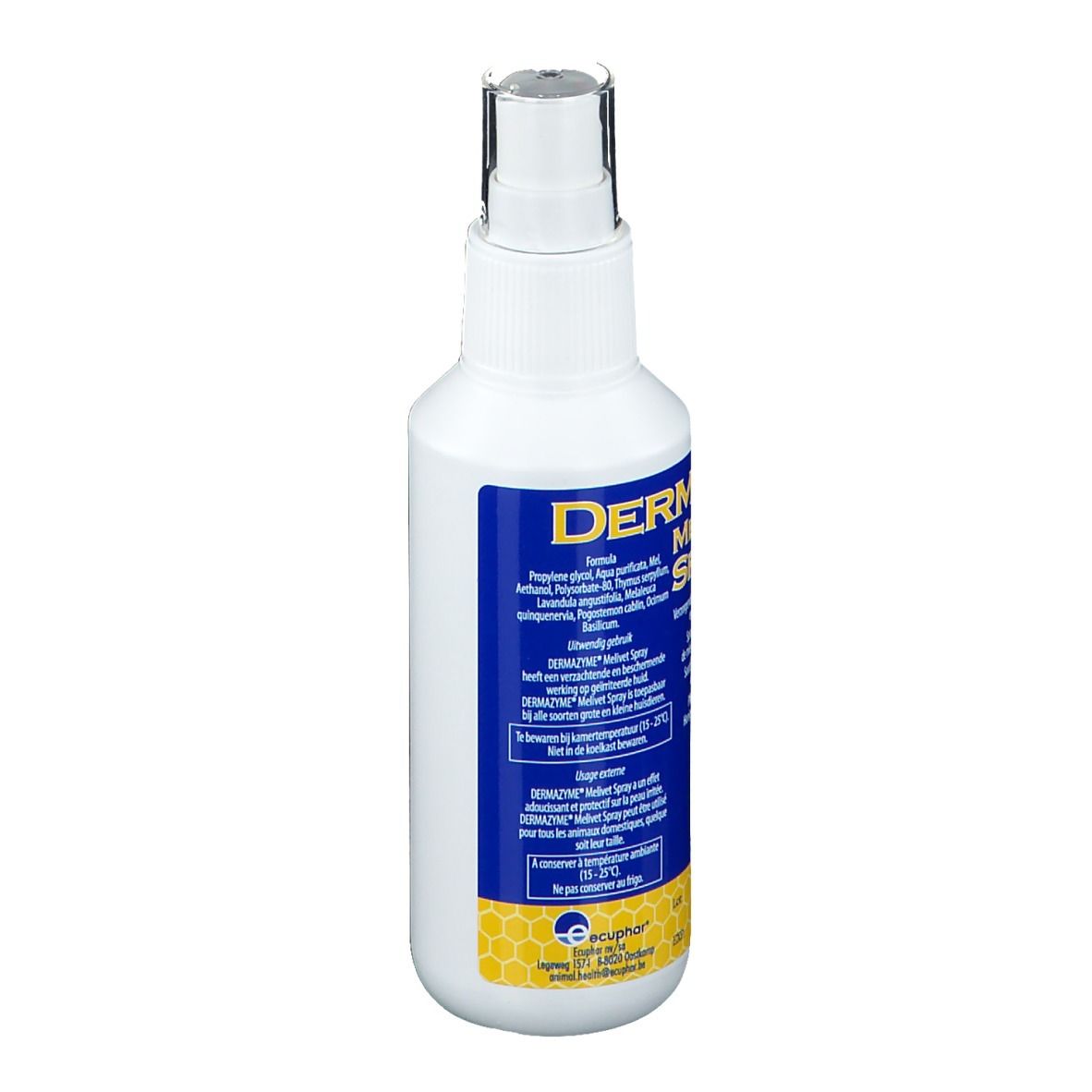 Weiße Sprühflasche mit blauem Etikett. Aufschrift: DERMAZYME MELIVET SPRAY. Rückseite mit Text. Sprühkopf.