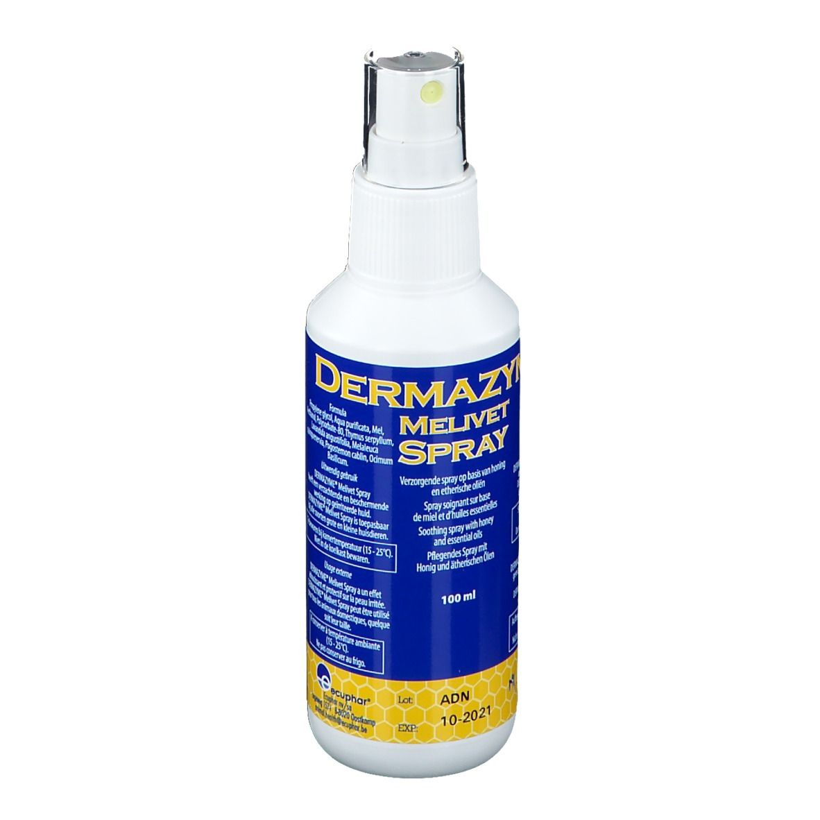 Weiße Sprühflasche mit blauem Etikett. Aufschrift: DERMAZYME MELIVET SPRAY. Mit Sprühkopf. 100 ml.