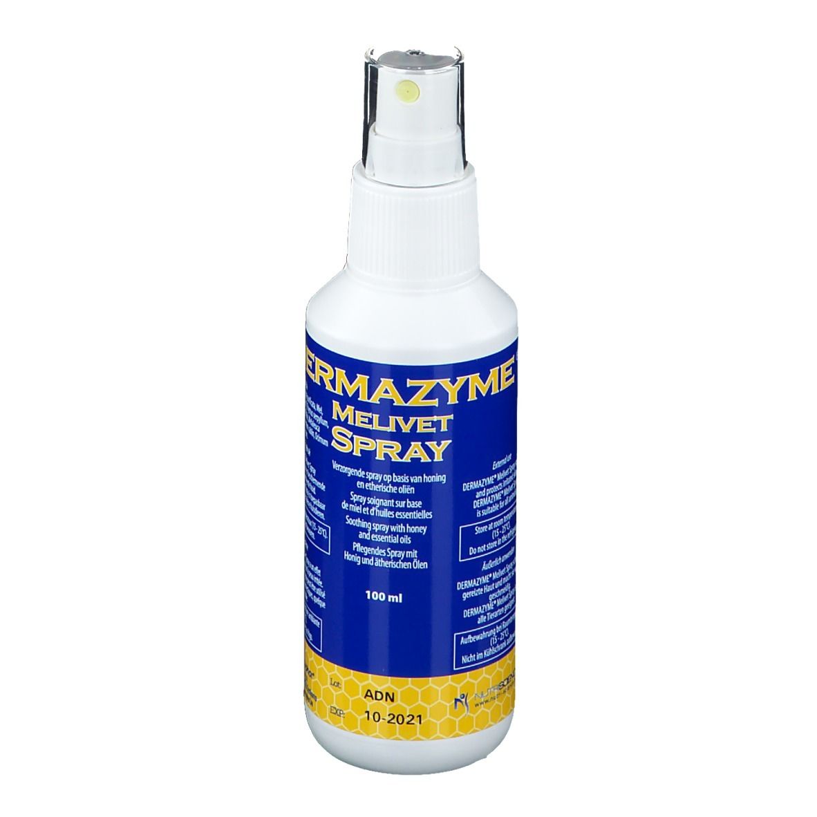 Weiße Sprühflasche mit blauem Etikett. Aufschrift: DERMAZYME MELIVET SPRAY. Mit Sprühkopf. 100 ml.
