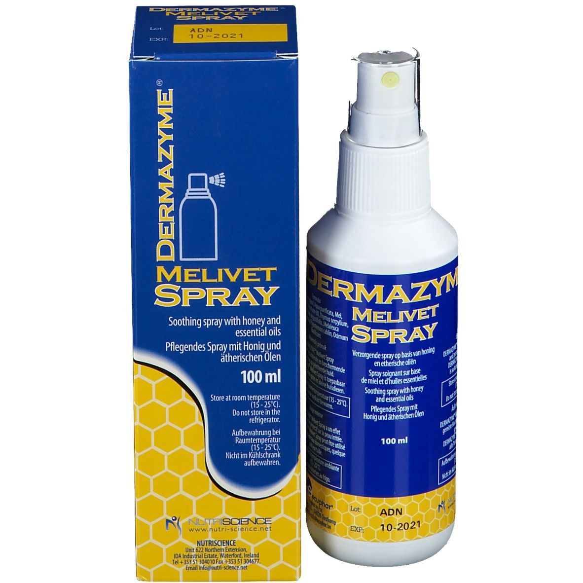 Produktpackung und Sprühflasche. Aufschrift: DERMAZYME MELIVET SPRAY. 100 ml. Blaue Verpackung.