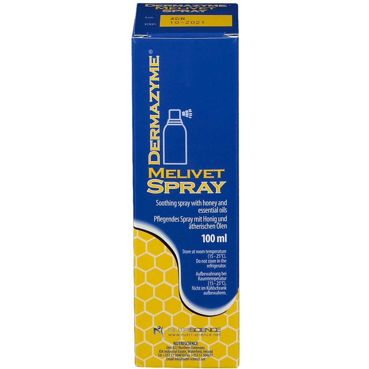 Blaue Produktverpackung. Aufschrift: DERMAZYME MELIVET SPRAY. 100 ml. Mit Produktabbildung.