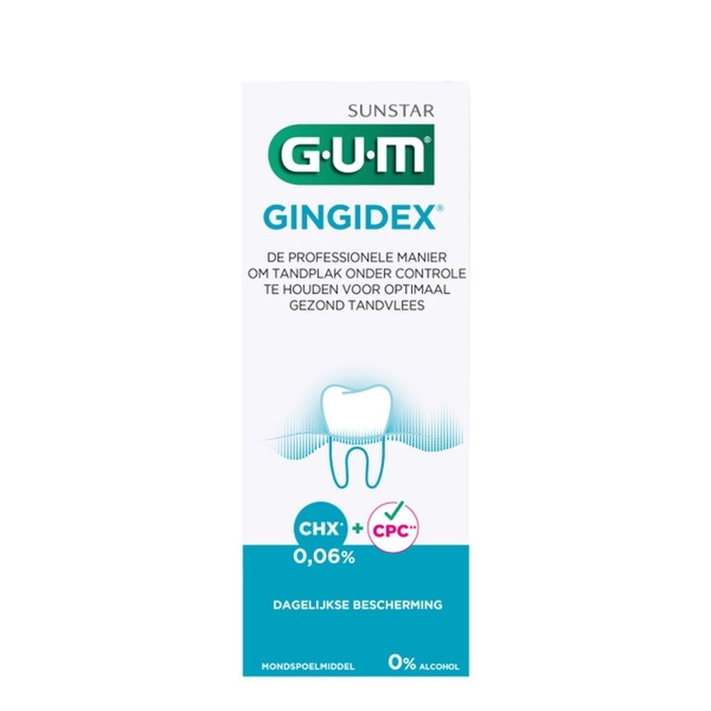 Bain de bouche GUM Gingidex. Liquide vert dans un gobelet. Inscription : Anti-Tandplak Actie.