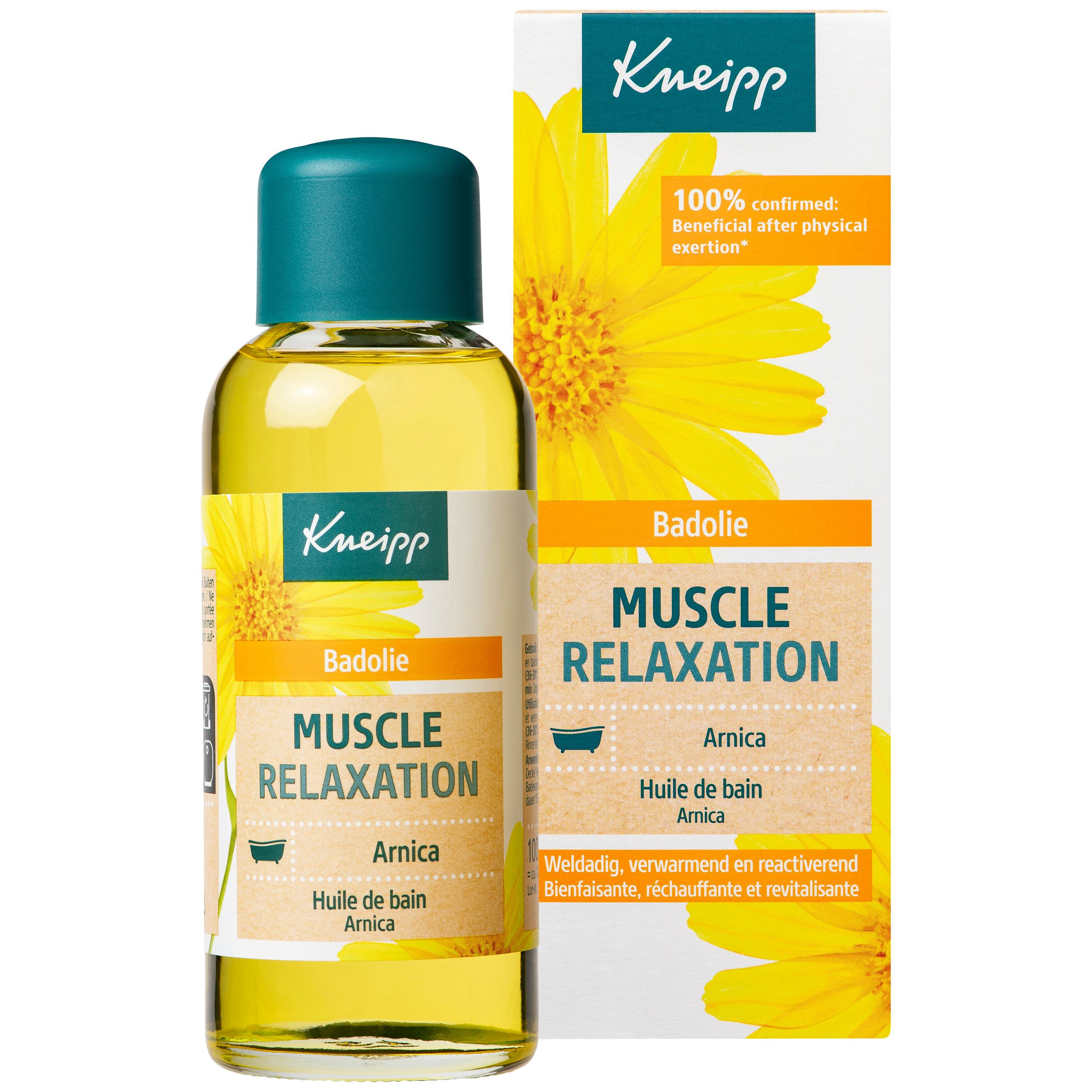 Huile de bain Kneipp Muscle Relaxation. Liquide jaune en flacon avec bouchon vert. Inscription : Muscle Relaxation.