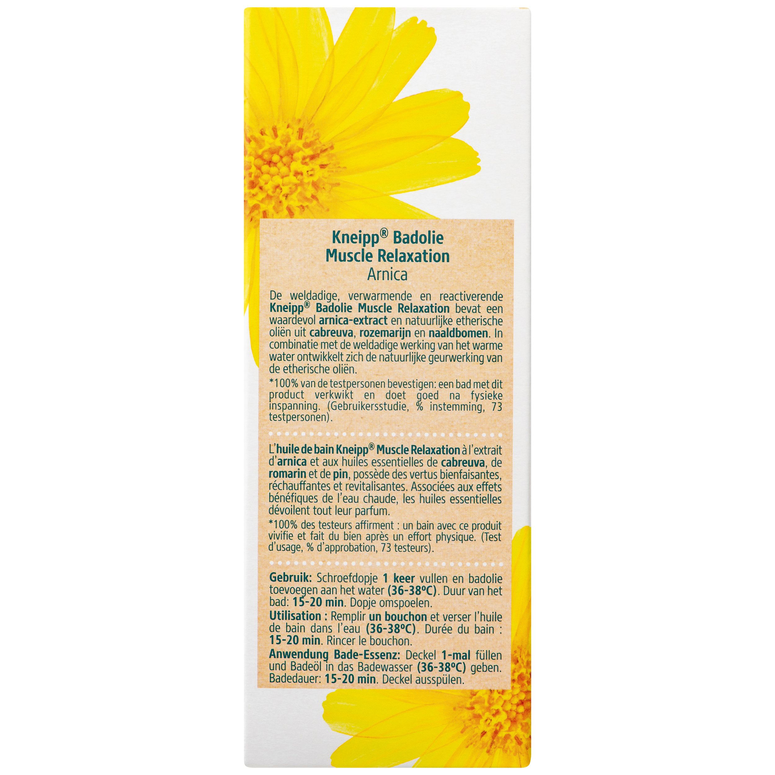 Dos de l'emballage de l'huile de bain Kneipp Muscle Relaxation. Texte et fleur jaune. Bouchon vert.