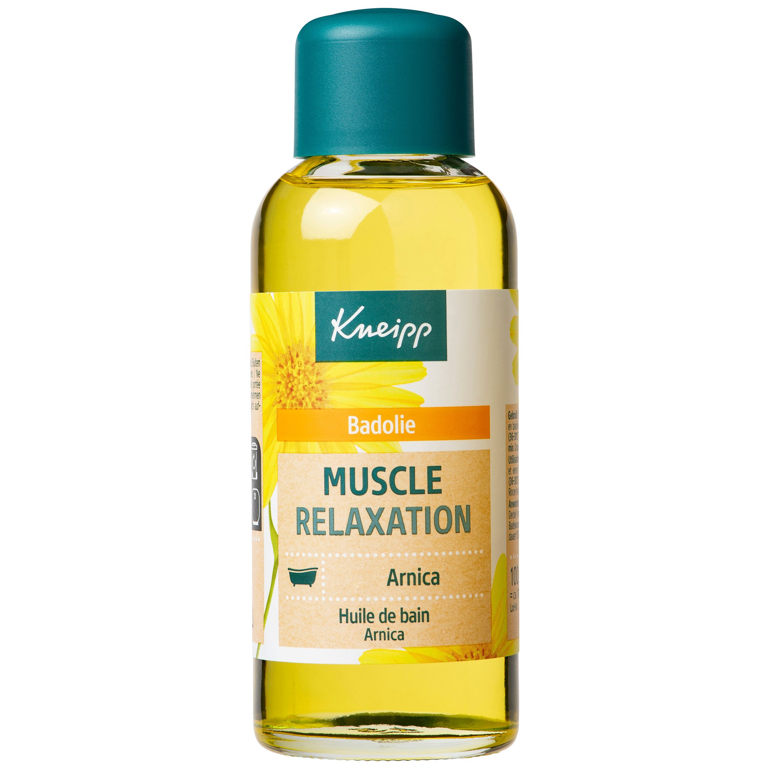 Flacon d'huile de bain Kneipp Muscle Relaxation. Liquide jaune, bouchon vert. Inscription : Muscle Relaxation.