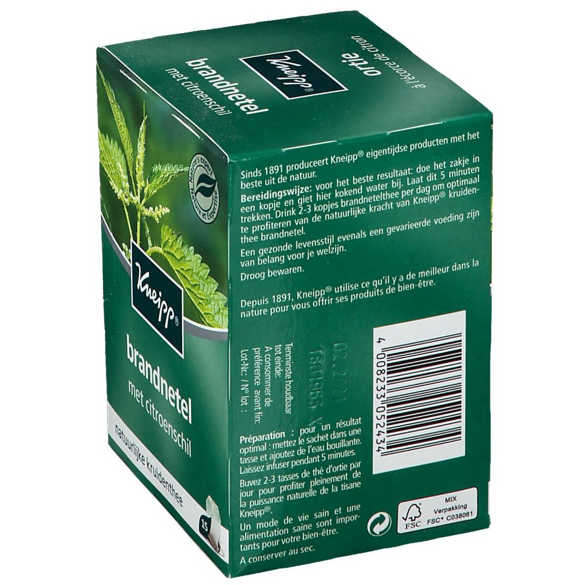 Boîte verte avec texte en néerlandais. Logo Kneipp et image d'ortie. 15 sachets de thé. Logo FSC.