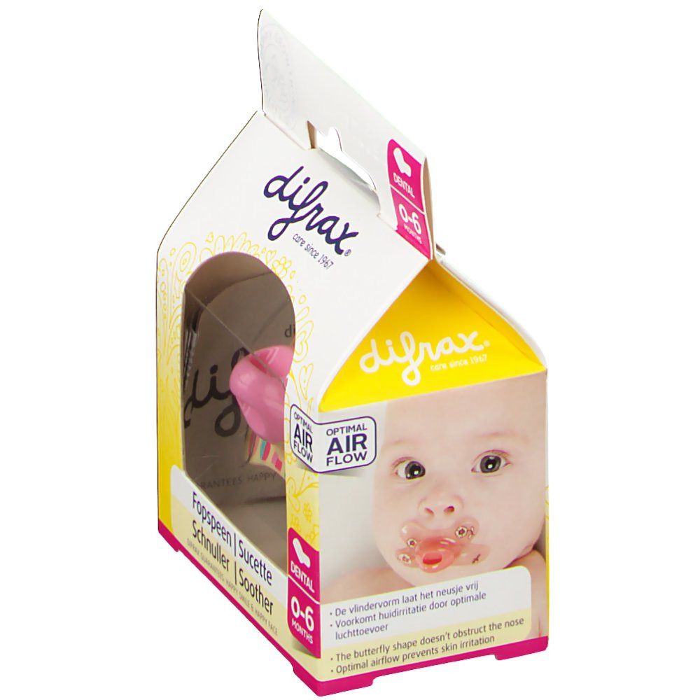 Emballage avec sucette. Visage de bébé dans la fenêtre. Texte: difrax®, 0-6 mois. Circulation d'air optimale. Forme papillon.