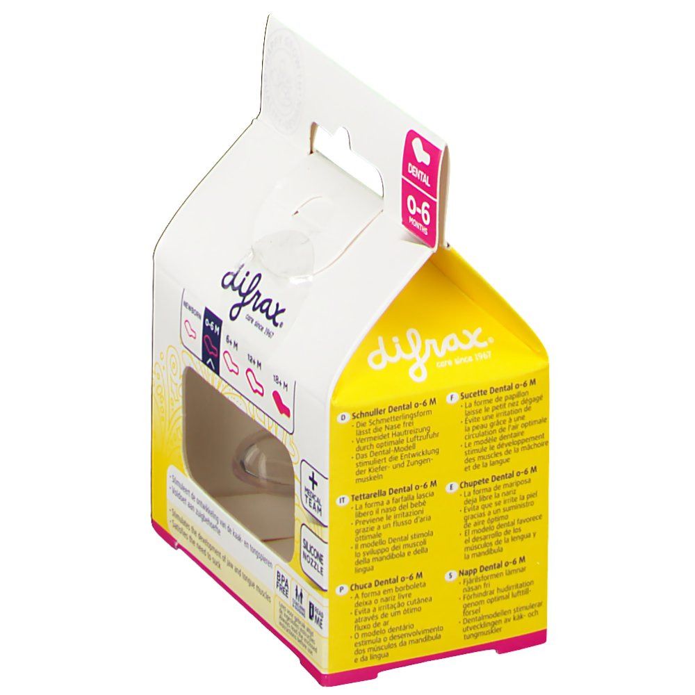 Emballage avec sucette. Texte: difrax®, 0-6 mois. Tétine en silicone. Informations produit en plusieurs langues.