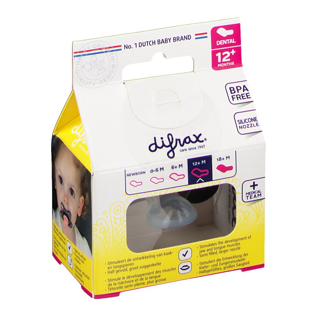 Verpackung mit Schnuller. Transparenter Schnuller, Baby. Aufschrift: Dental 12+M, BPA Free, Silicone Nozzle, Ortho Care.