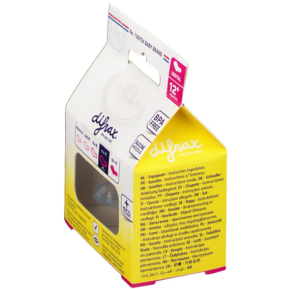 Verpackung mit Schnuller. Aufschrift: Dental 12+M, BPA Free, Silicone Nozzle. Mehrsprachige Anweisungen.