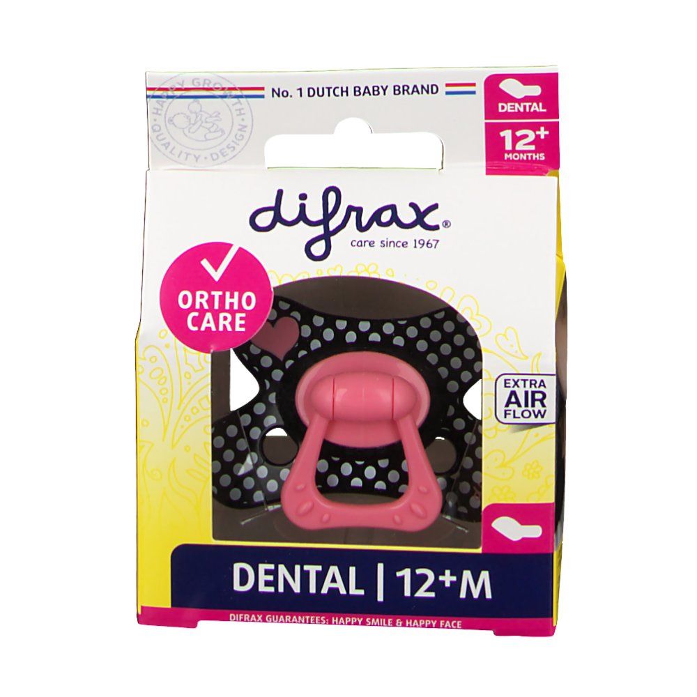 Verpackung mit Schnuller. Rosa Schnuller, schwarzer Hintergrund mit weißen Punkten. Aufschrift: Dental 12+M, Ortho Care, Extra Air Flow.