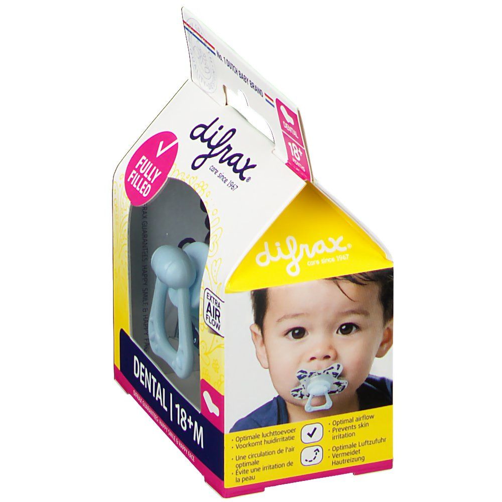 Baby mit Schnuller im Mund. Verpackung mit Schnuller. Markenlogo und Produktbezeichnung. Extra Luftzufuhr.