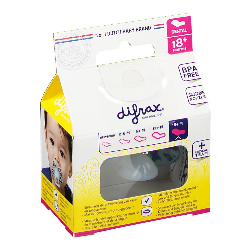 Verpackung mit Schnuller. Markenlogo und Produktbezeichnung. BPA-frei, Silikon-Sauger. Baby-Abbildung.