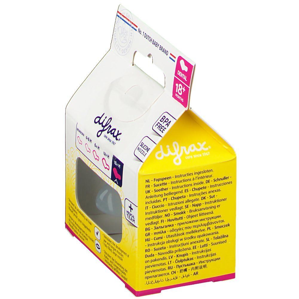 Verpackung mit Schnuller. Markenlogo und Produktbezeichnung. BPA-frei, Silikon-Sauger. Mehrsprachige Anweisungen.