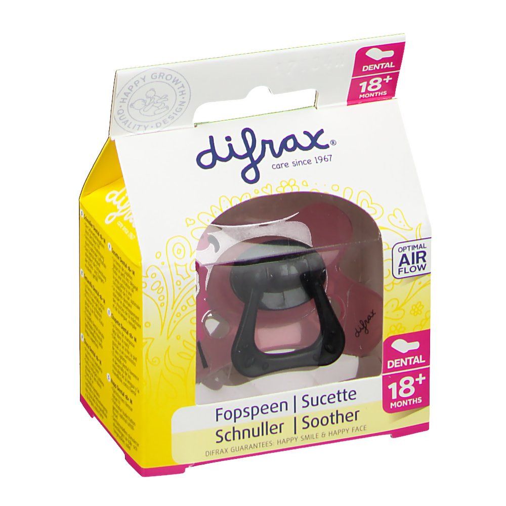 Emballage de sucette. Tétine noire, bouclier rose. Texte: difrax, 18+ mois, Dental, Fopspeen, Sucette, Schnuller, Soother.