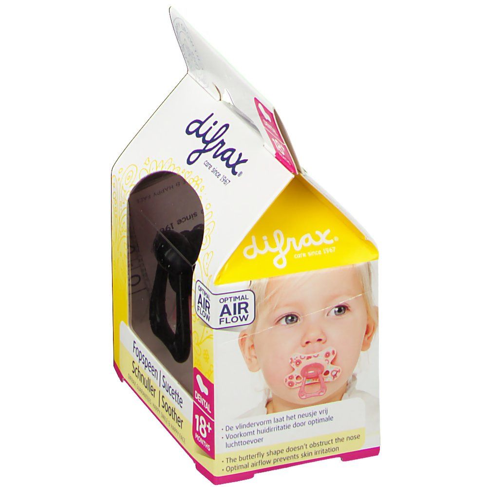 Emballage de sucette. Tétine noire, bouclier rose. Enfant avec illustration de sucette. Texte: difrax, 18+ mois, Dental.