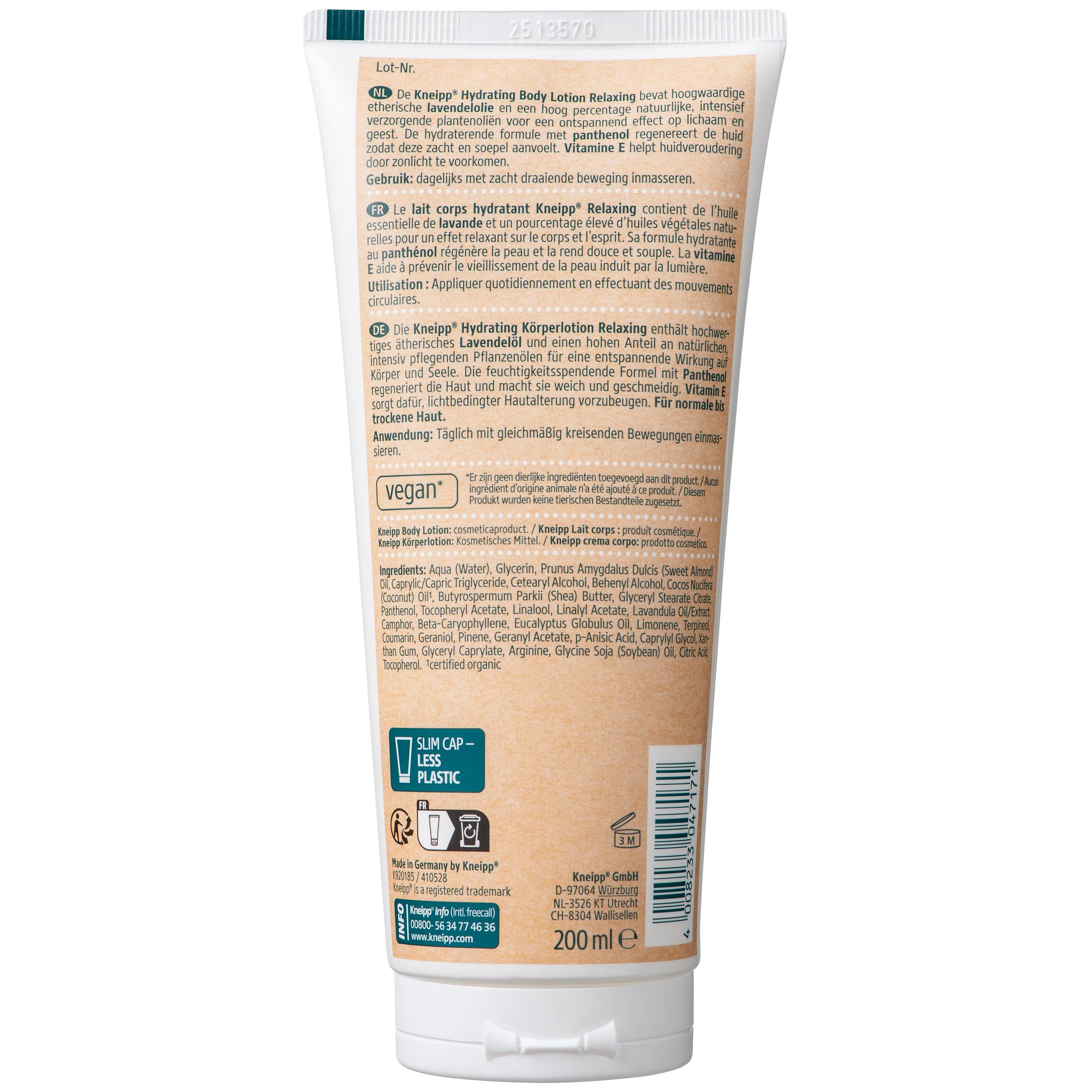 Dos du tube de lotion corporelle Kneipp® Lavande. Texte avec ingrédients, label Vegan et informations fabricant.