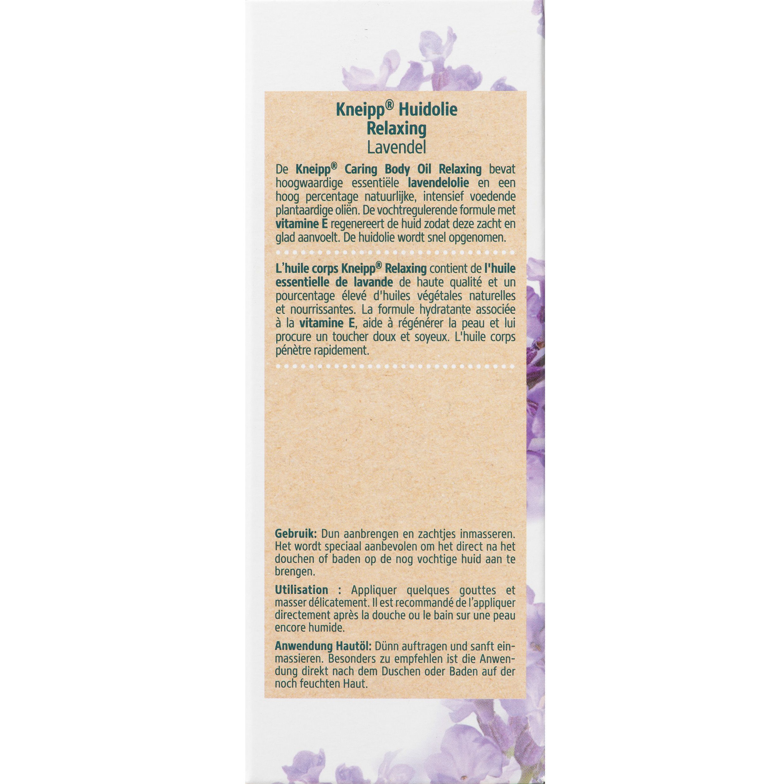 Vue arrière du flacon d'huile pour le corps Kneipp® Lavande. Étiquette avec informations sur le produit et illustration de lavande.