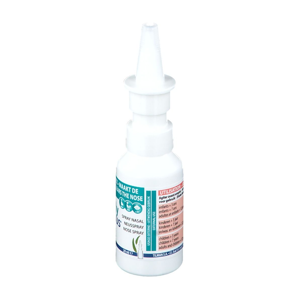 Flacon de spray nasal blanc avec applicateur. Nom et logo du produit sur le flacon.
