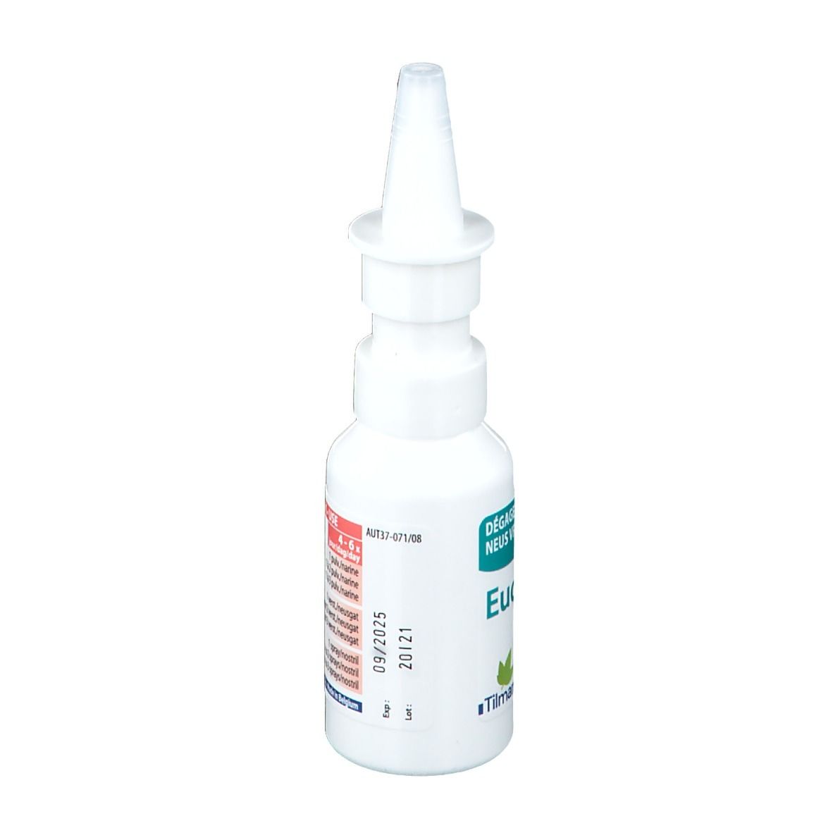 Flacon de spray nasal blanc avec applicateur. Nom et logo du produit sur le flacon.