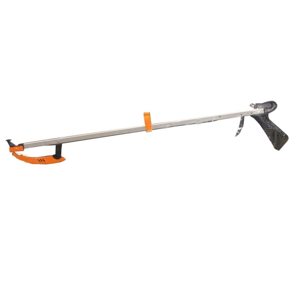 Greifzange mit orangefarbenen und schwarzen Elementen. Sie hat einen langen, silberfarbenen Schaft und einen schwarzen Griff.