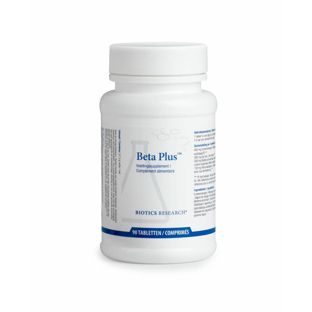 Flacon blanc de Beta Plus Biotics. Inscription: 90 comprimés. Bouchon avec 'SEALED FOR YOUR PROTECTION'.