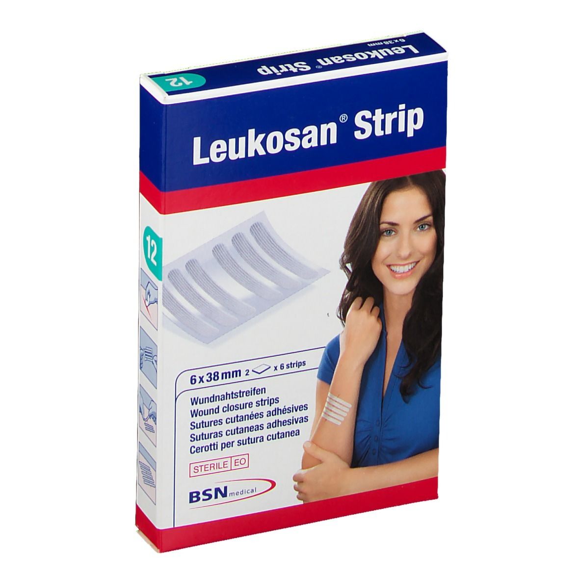 Verpackung mit Leukosan Strip. Enthält 12 Streifen, 6x38mm. Frau mit Pflastern am Arm. BSN medical.