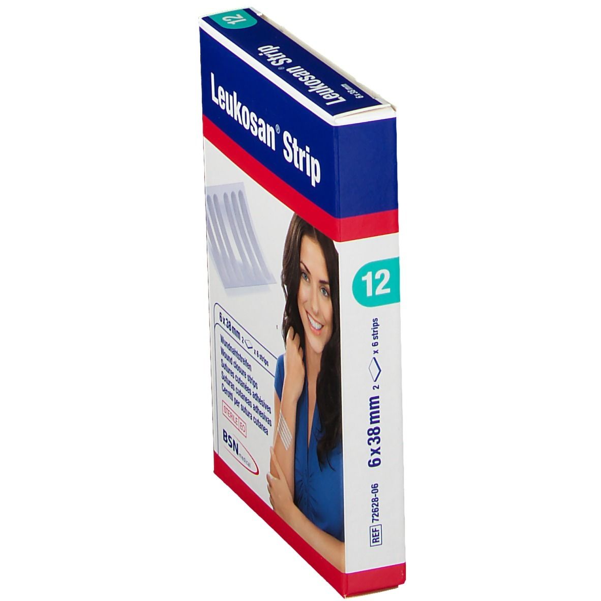 Leukosan Strip Verpackung, 12 Stück. 6x38mm. Frau mit Pflastern am Arm. BSN medical.