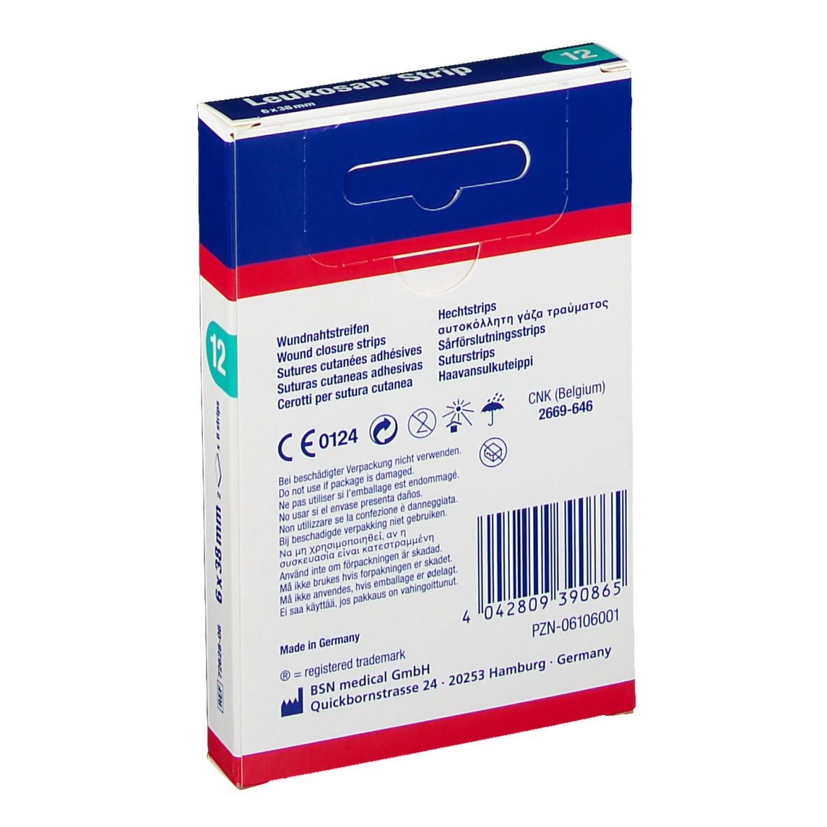 Rückseite der Leukosan Strip Verpackung. Enthält Informationen und Barcode. CE-Kennzeichnung.