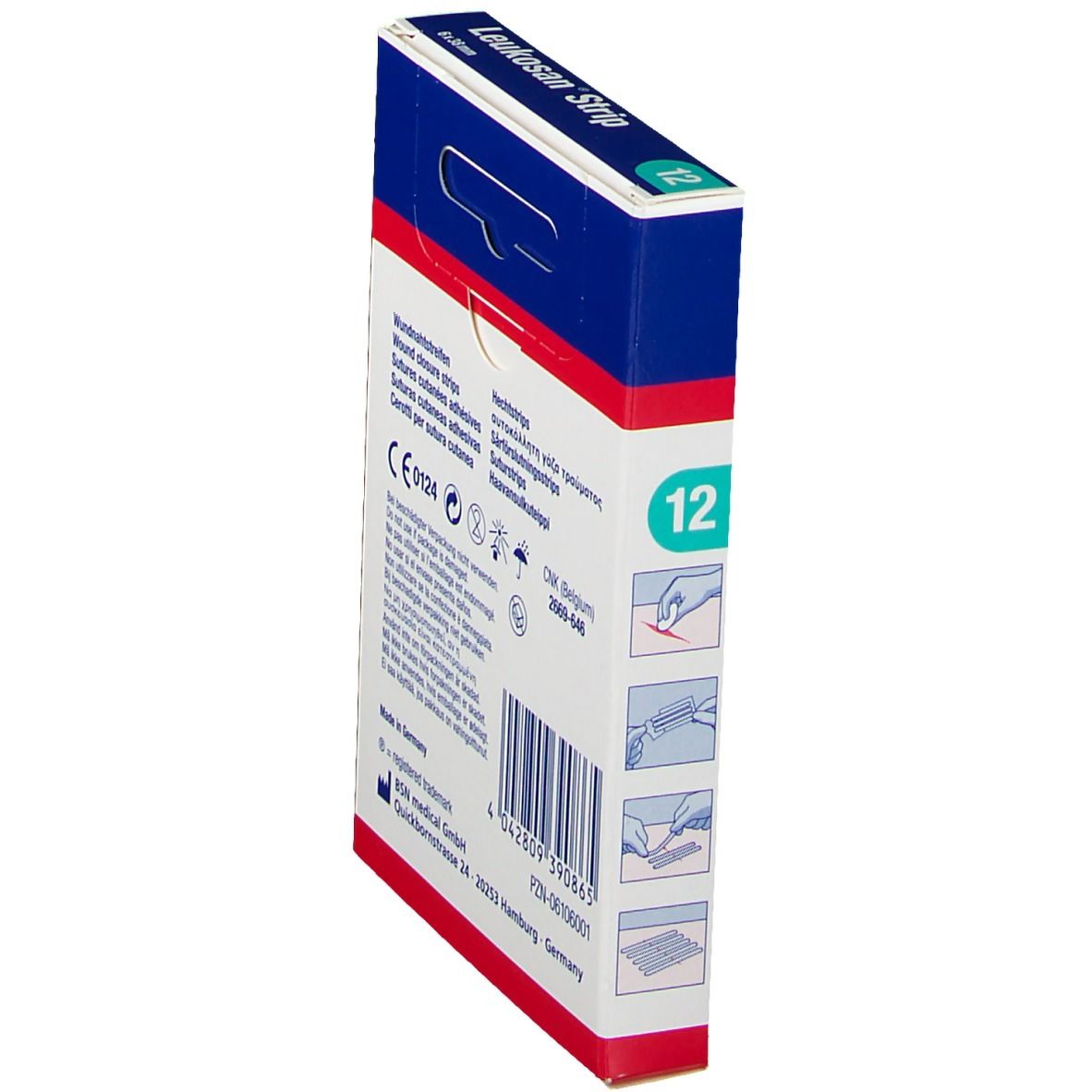 Leukosan Strip Verpackung, Seitenansicht. Enthält Informationen und Barcode. CE-Kennzeichnung.
