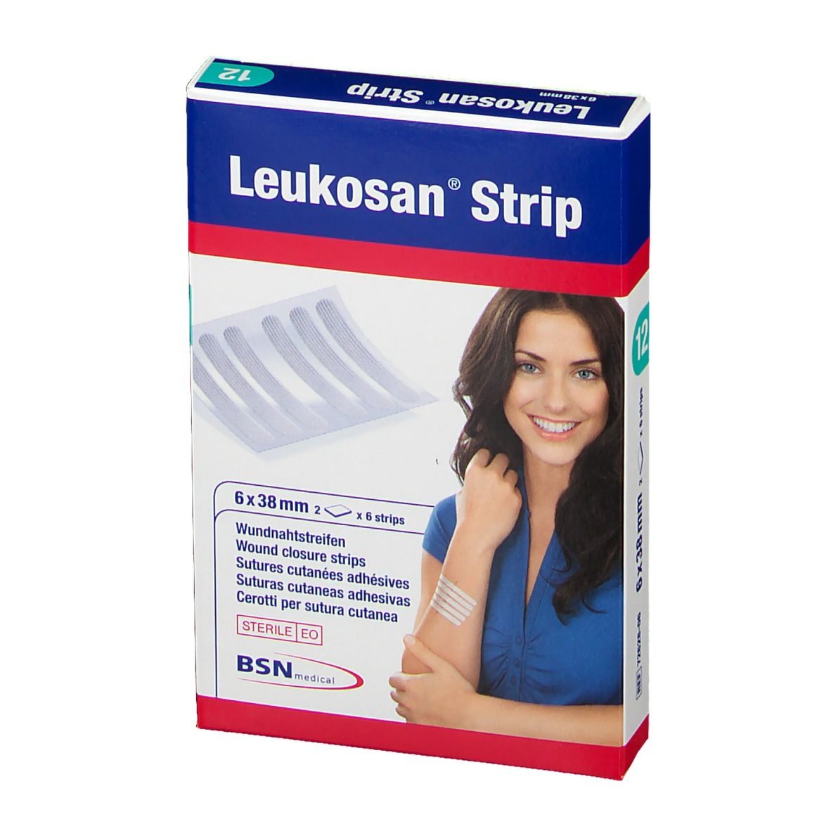 Verpackung mit Leukosan Strip. Enthält 12 Streifen, 6x38mm. Frau mit Pflastern am Arm. BSN medical.