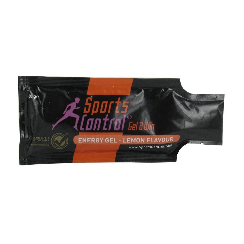 Schwarzes Energie-Gel-Beutel mit orangefarbenem Streifen. Aufdruck: SportsControl Gel 2 Win, Zitrone. Logo: Läufer.