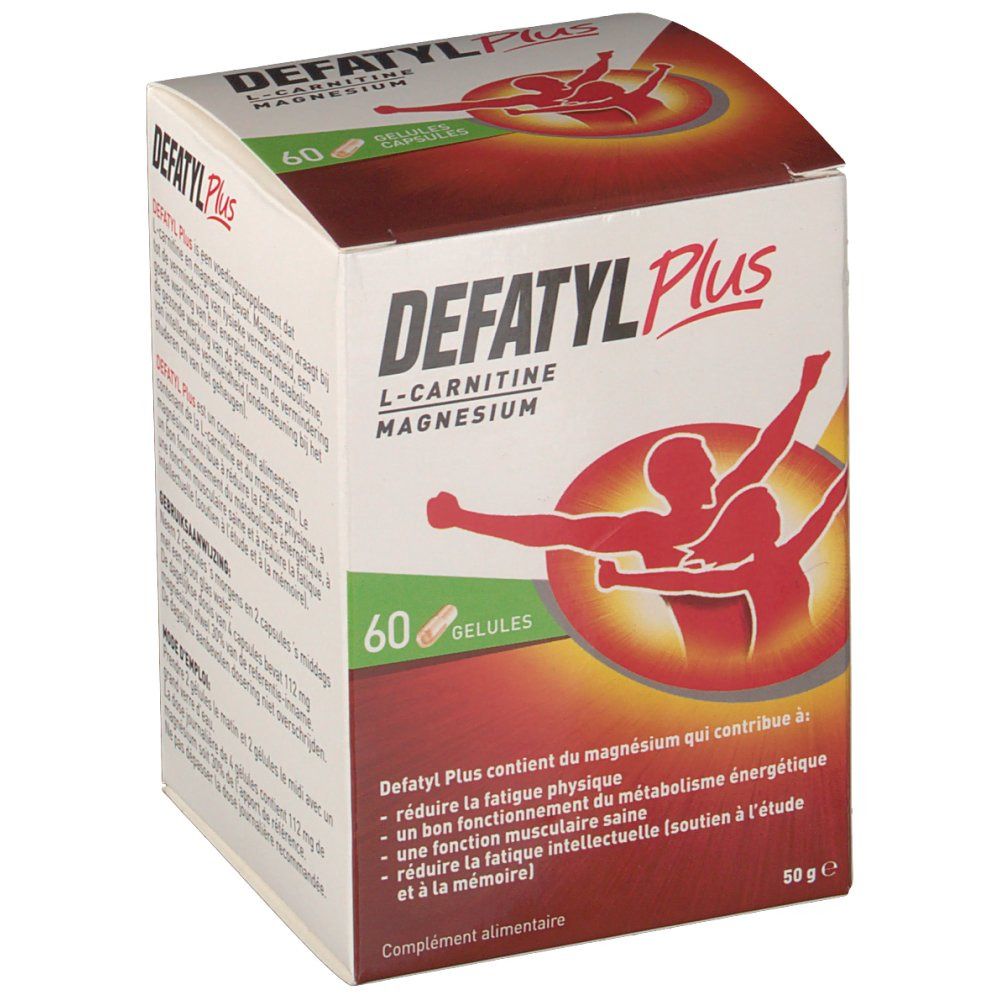 Boîte de gélules "Defatyl Plus". Inscription : L-Carnitine, Magnésium. 60 gélules. Emballage rouge et blanc avec illustration d'une personne.