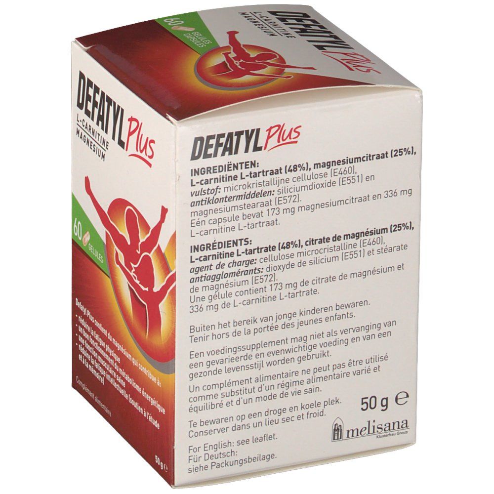 Dos de la boîte "Defatyl Plus". Contient la liste des ingrédients et des informations. Marque Melisana. Emballage rouge et blanc.