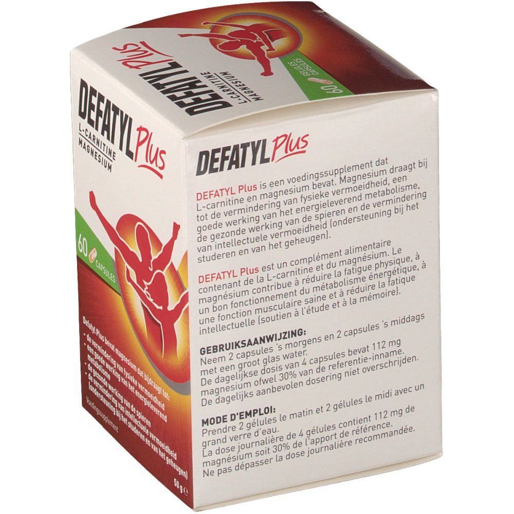 Côté de la boîte "Defatyl Plus" avec mode d'emploi. Inscription : L-Carnitine, Magnésium. Emballage rouge et blanc.