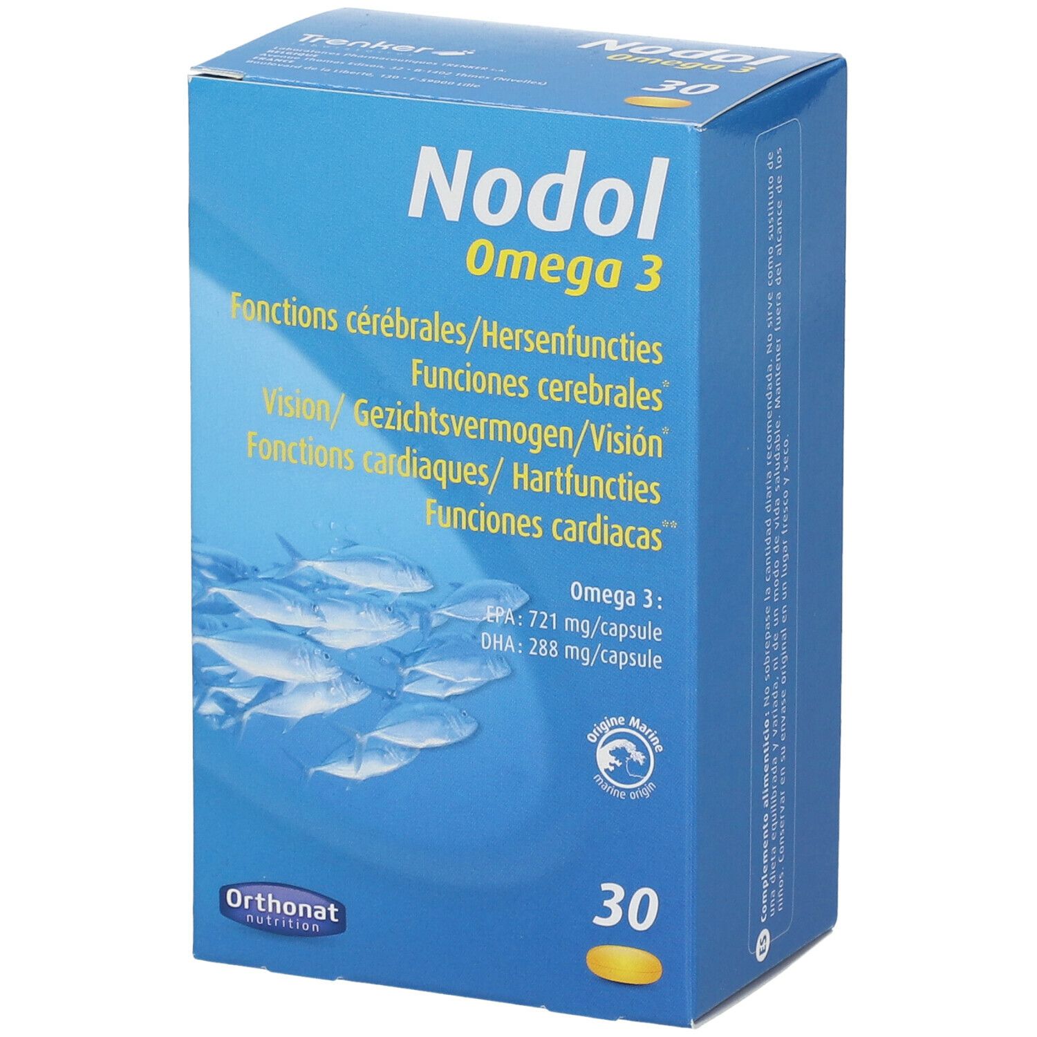 Boîte bleue et blanche Nodol Omega 3. Contient 30 gélules. Texte multilingue. Illustration de poissons.