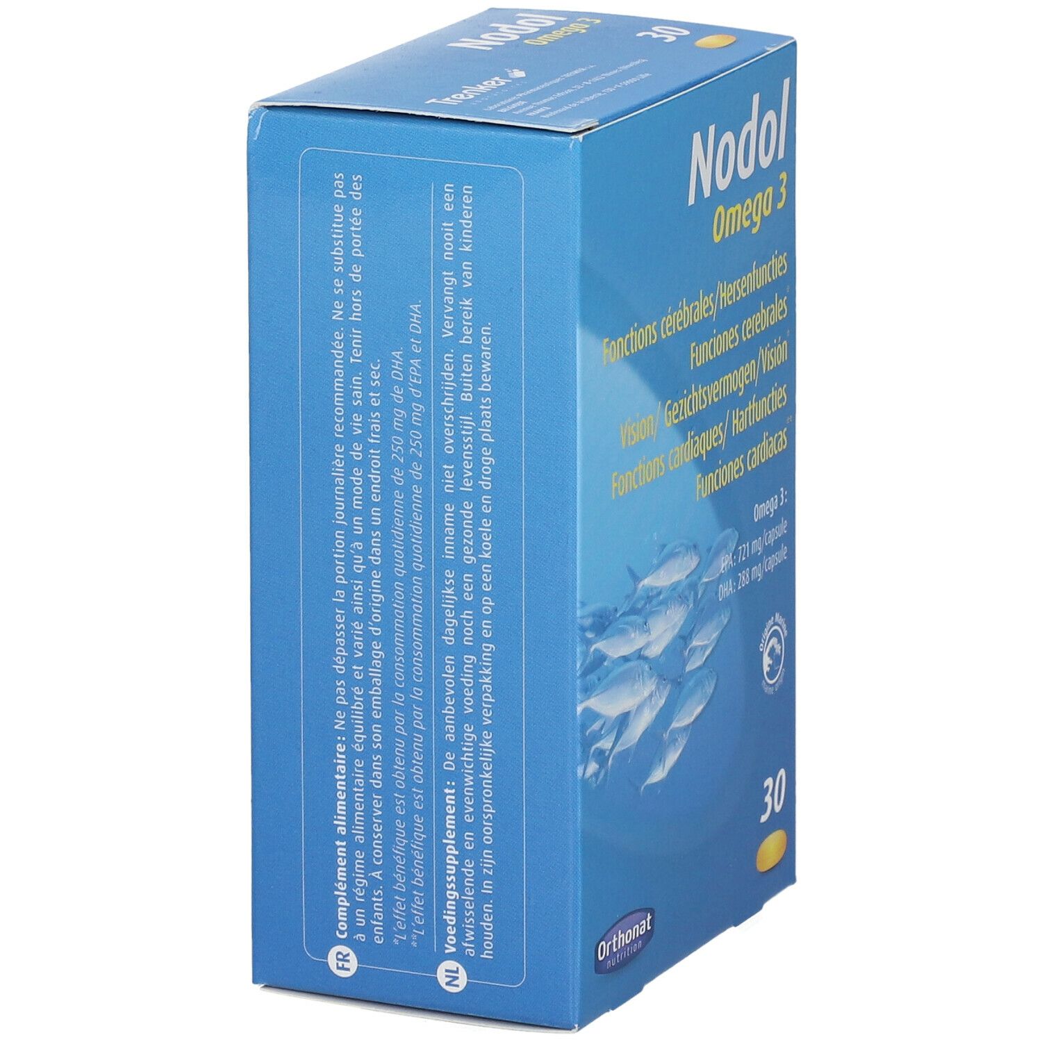 Boîte bleue Nodol Omega 3. Texte multilingue. Contient 30 gélules. Label qualité marine.