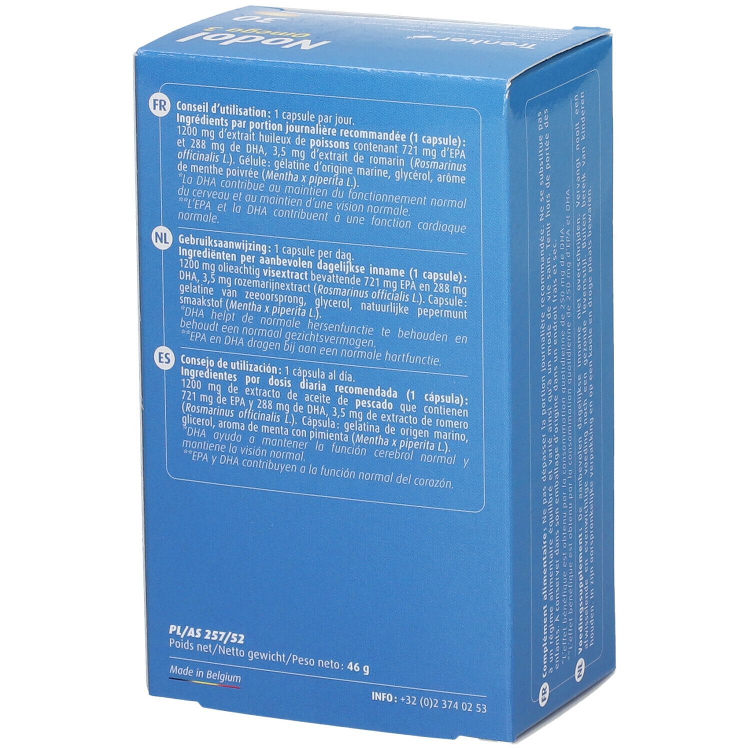 Boîte bleue avec texte multilingue. Informations sur l'utilisation et les ingrédients. Fabriqué en Belgique.
