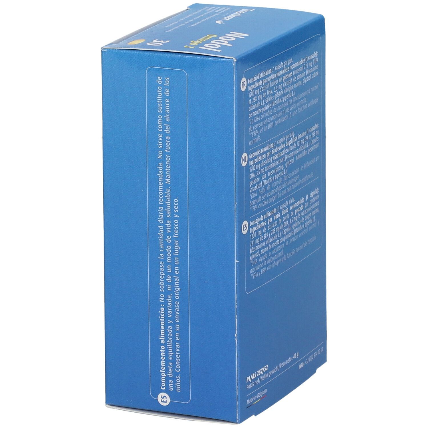 Boîte bleue avec texte multilingue. Informations sur l'utilisation et les ingrédients. Fabriqué en Belgique.